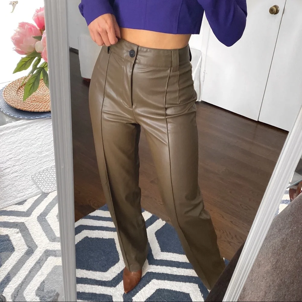 🍂 ZARA ASH BROWN FAUX LEATHER FULL LENGTH STRAIGHT LEG HIGH WAIST PANTS! - Picture 5 of 16